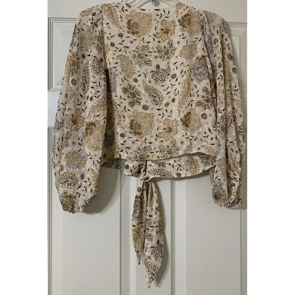 Joie Cream Sheer Lined Floral Tie Front Peasant Blouse Top Size M (B12) - Picture 8 of 9